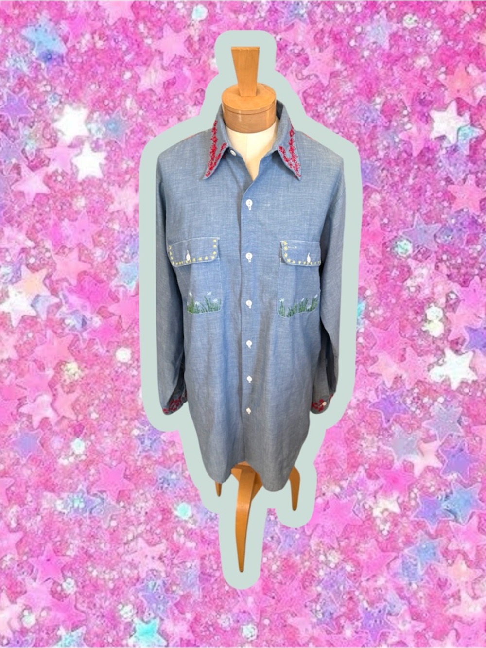 Big Mac JCPenney vintage 1970s chambray hand embroidered shirt men’s XL 70s 60s - Picture 6 of 17